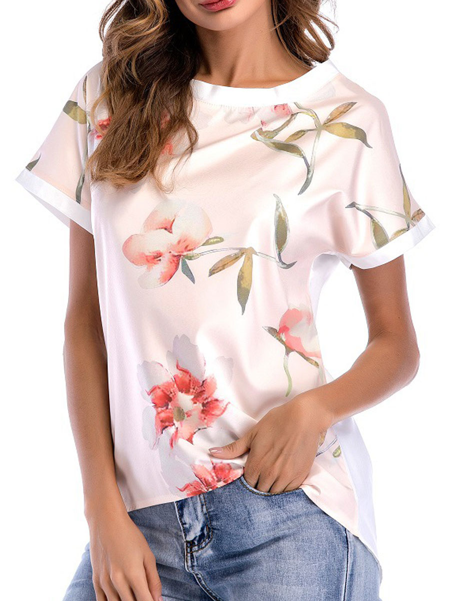 Summer Cotton Women Round Neck Floral Printed Short Sleeve T-Shirts